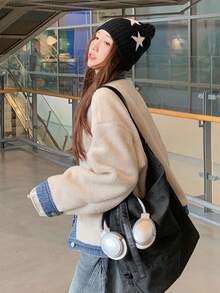 DAZY 秋冬女士休闲牛仔夹克，人造毛皮拼接