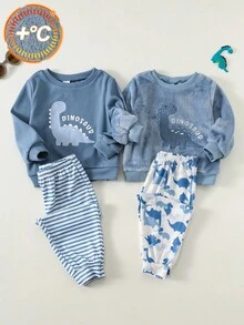 SHEIN Bộ 4 áo nỉ dài tay in họa tiết động vật dễ thương cho bé trai và quần ngủ họa tiết khủng long sọc, mềm mại và thoải mái cho mùa thu/đông, thích hợp mặc ở nhà - Nhiều màu - Xem 1