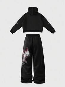 ROMWE MEN Goth Conjunto de chándal casual con sudadera con capucha y pantalones con estampado de letras y cruces para hombre en otoño - Negro - Ver 2