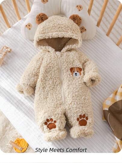 Newborn Baby Boy Cute Cartoon Dog Embroidery Hooded Full Zip Front Plush Jumpsuit With 3D Ear, Soft And Comfortable Fleece Home Outfit For Autumn/Winter