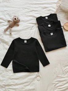 SHEIN 男婴多件套纯色圆领长袖T恤，适合春秋季穿着。款式休闲、简约、舒适百搭。秋冬季亦可穿着。 - 黑色 - 查看 4