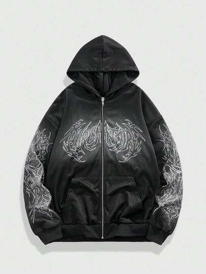 Goth Men's Fashion Contrast Color Dark Graphic Print Zip Up Hooded Sweatshirt Halloween, Fall