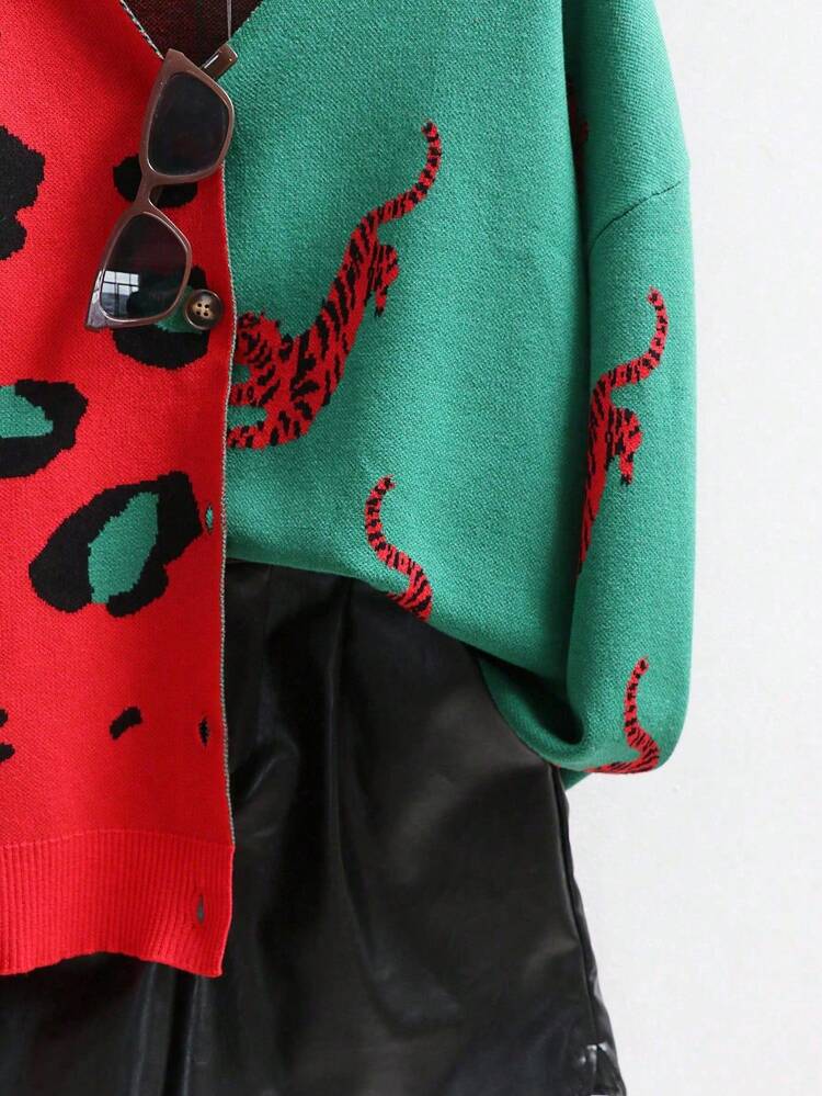 SoleilVie Cárdigan de punto oversize con cuello en V, estampado de bloques de color con leopardo y tigre, manga larga para mujer - Rosa Fucsia - Añade 1