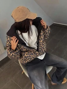 DAZY Leopard Print Padded Coat, Warm & Thick For Women, Autumn/Winter Jacket - Khaki - View 6