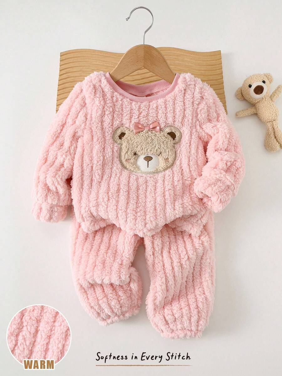 Cozy Pixies 2 pezzi Set di tuta da bambina con maglia a girocollo a maniche lunghe e pantaloni in vita elastica, con motivo a orsetto cartoni animati, foderata termicamente, comoda, versatile, alla moda per uso quotidiano, adatta per interno, esterno, sport, feste, Natale e altre occasioni in autunno/inverno. Outfit da orsetto per neonata, completo lavorato a maglia per neonata, set autunnale/invernale per neonata, tutina con orsetto, abbigliamento caldo per neonata. - Rosa - Visualizzare 1