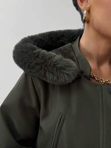 Khaki Long Hooded Parka With Faux Fur Trim - Khaki - View 5