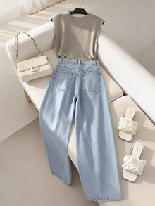 Qadelle Solid Color Wide Leg Jeans Y2k - Light Wash - View 2