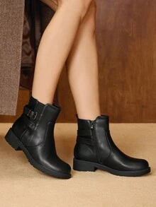 CUCCOO BIZCHIC 女式基本款黑色厚底中筒靴 - 黑色 - 查看 5