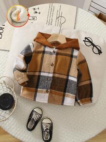 SHEIN Playful Pals 1pc Baby Boy Autumn/Winter Fashion Casual British Style Khaki & White Plaid Fleece Patchwork Contrast Color Hooded Long Sleeve Jumpsuit, Stylish & Versatile, Suitable For Infant Outdoor Wear, Thanksgiving And Other Traditional Events Baby Boy Jacket Baby Plaid Jacket Toddler Plaid Jacket Baby Fall Jacket Infants Coats Baby Boys Winter Jacket Toddler Boys Fall Winter Clothes Baby Boy Outfits Fall Baby Boys Fall Winter Clothes Baby Plaid Shirt Brown Baby Boy Shirt