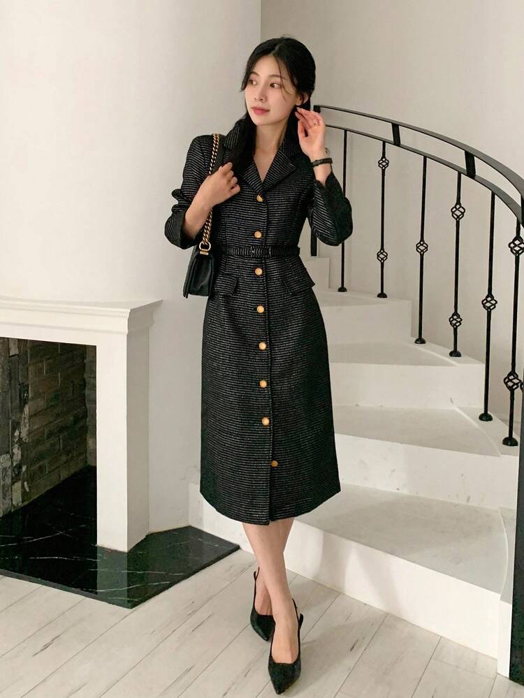 Women's Lapel Metallic Sheen Waist Cinched Mid-Length Dress