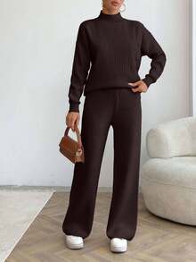 EURMUSE Women Solid Color Button Detailed Mock Neck Drop Shoulder Pullover & Sweater Pants Set - Brown - View 4