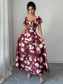 Elenzga Vestido elegante de estilo francés con volantes en la cintura, corte evasé y estampado floral diminuto - Multicolor - Ver 5
