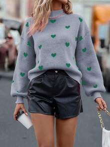 SHEIN LUNE Sweater Pullover Wanita Kasual Motif Hati dengan Bahu Longgar - Grey - View 6