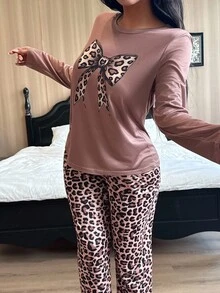 Dream Adore Set pigiama casual da donna con stampa leopardata e fiocco, abbigliamento autunno inverno