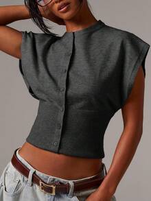 Athîral 秋冬女士纯色简约日常毛衣背心 - 深灰色 - 查看 2