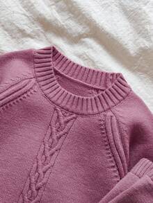 SHEIN Vintaside Kids 2 件套女婴针织圆领长袖毛衣和裤子套装，时尚针织服装适合秋冬季，适合日常穿着、室内、户外、旅行 - 粉色 - 查看 3