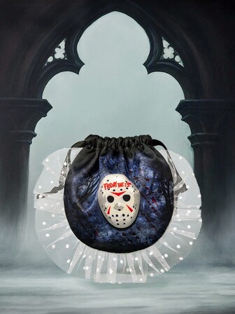 Friday the 13th X ROMWE Borsa da trucchi con laccetto, di grande capacità, con motivo a maschera