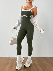 Dewbera Seamless High Elasticity Yoga Sports Fitness Running Jumpsuit - Army Green - View 5