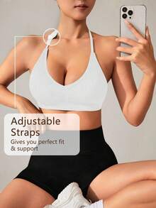 SHEIN Velisys Women's Seamless Black Sports Bra Yoga Bra Top Gym Tops Crop Workout Bra Tops Gym Tops Halter V Neck Sports Bra - Multicolor - View 4