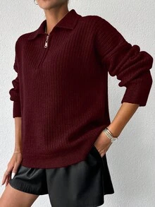 EURMUSE Women's Solid Color Drop Shoulder Sweater - Burgundy - View 3