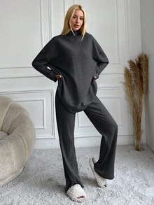 EURMUSE Set da due pezzi composto da maglietta a maniche lunghe a costine con spalle scoperte e pantaloni in cotone per donne - Grigio - Visualizzare 4