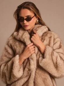 SHEIN Glamour 奢华仿皮草大衣，女士翻领开襟长袖外套，女士冬季外套，商务休闲装，机场旅行，加厚冬装，大地色系，女士冬季蓬松奢华款 - 咖啡棕 - 查看 2