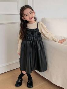 DAZY 2pcs/Set Young Girls Crew Neck Puff Sleeve Knit T-Shirt + Fashionable Dress Outfit, Fall - Black - View 6