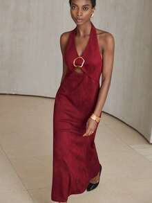 Aveloria Modichic Vintage Elegant Luxury Halter Backless Hollow Metal Buckle Decor Waist Cinched Sexy Fishtail Hem Women Long Sleeveless Dress