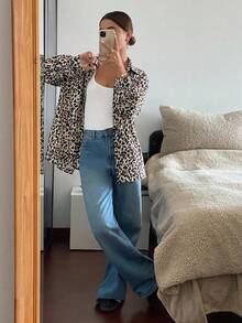 Siren Gaze Women Leopard Print Drop Shoulder Long Sleeve Single-Breasted Shirt,Beige Autumn Casual Night Out Elegant Retro Business Blouses Festival Clothes Tops - Multicolor - View 4