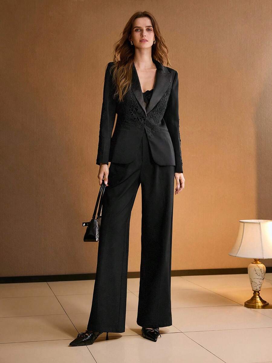 MOTF PREMIUM EMBROIDERY DETAIL PEAK COLLAR BLAZER - Black - View 2