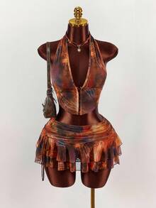 Y2K Amplova 两件套女士豹纹性感扎染露背上衣和超低腰裙套装，节日两件套服装，哈瓦那之夜服装，女士两件套复古渐变西部万圣节服装，秋冬保暖时尚露背两件套 - 彩色 - 查看 3