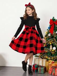 SHEIN Serisse Kids 青少年女孩黑色與紅色格紋拼接蝴蝶結荷葉邊長袖洋裝，優雅2件套，適合秋季、生日、返校日常穿著 - 紅色 - 查看 4