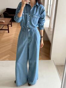 DAZY Women's Loose Turndown Collar Denim Shirt And Straight Leg Jeans Casual Denim Suit - Medium Wash - View 1