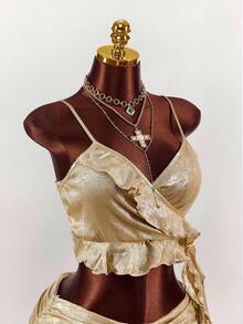 Amplova Y2K Amplova Fall/Winter Christmas New Year Thanksgiving Party Sexy Elegant New Year Tight Pleats Ruffles Party Cropped, Flowy Ruffled 2 Pieces Set For Women