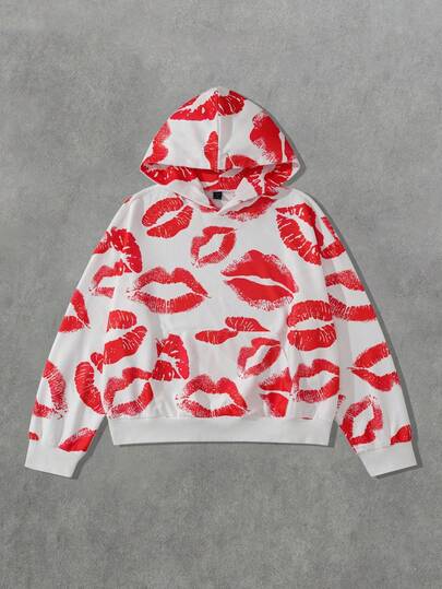 Street Life Men's Lip Print Hoodie, Loose Fit, For Fall