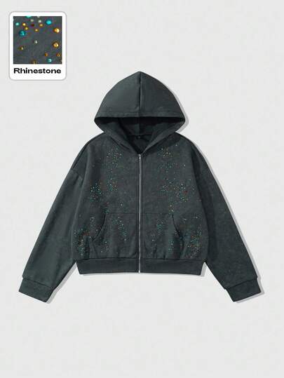 Street Life Felpa con cappuccio e chiusura lampo uomo, stile di strada, con diamanti scintillanti, autunnale