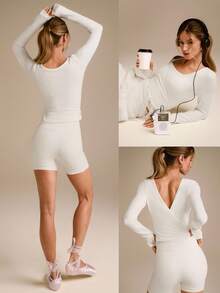 GLOWMODE FeatherFit™ Split Decision 2-In-1 Reversible Wear Buttery-Soft Stretchy Sweat-Wicking Tie-Waist Long Sleeve Top Yoga Pilates Studio Daily Casual - White - View 10