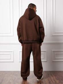 SUMWON 重磅羊毛宽松半拉链连帽衫和运动裤套装冬季休闲街头服饰现代简约休闲舒适两件套服装 - 咖啡棕 - 查看 2