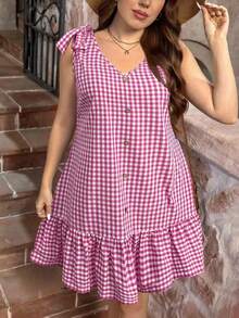 SHEIN LUNE 女士夏季连衣裙 大码格子无袖 V 领鱼尾裙 肩部饰有蝴蝶结 女士夏季服装 女士生日服装 情人节连衣裙 露肩连衣裙 黑白格子无袖连衣裙 肩部饰有蝴蝶结 短裙