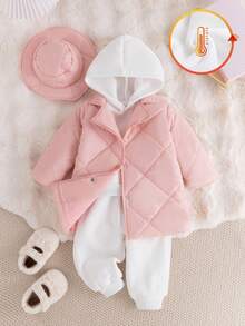 SHEIN 3pcs Infant Girl Winter Fashion Set: Pink Long Sleeve Padded Coat & Hat, White Velvet Hoodie Sweatshirt And Pants, Suitable For Daily Wear And Photography