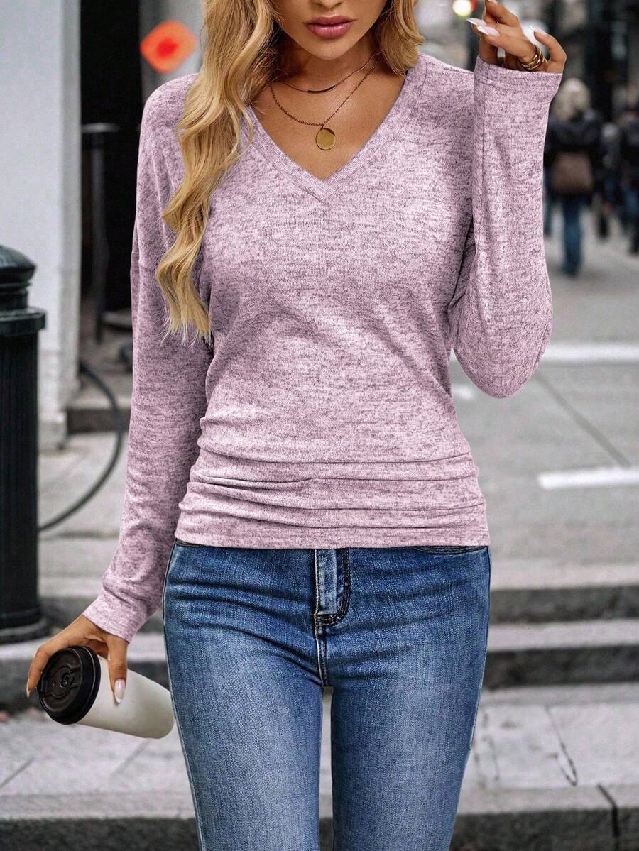 EMERY ROSE 女式 V 领长袖休闲舒适透气 T 恤，百搭 - 粉色 - 查看 1