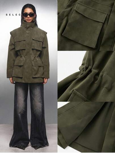 LYSMO SELECTION  2025 New Minimalist Fall Women's Solid Color Multi-Pocket Casual Loose Regular Jacket, Punk Casual Style, Adjustable Waist Detail, X-Shape Silhouette, Unisex Design