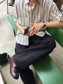 DAZY 海军蓝色褶皱设计宽松喇叭裤男士秋季 - 藏蓝色 - 查看 3