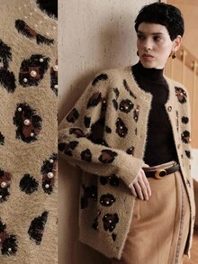 Uhlyne Uhlyne French Retro Leopard Print Embellished Studded Fluffy Knit Cardigan, For Spring And Autumn Fall Winter Elegant Casual Versatile Holiday Commute Daily , Small Round Neck Collar With Rhinestone Trim, Cuff With Rhinestone Trim, Leopard Jacquard Velvet Texture, Loose Fit, Old Money Style - Camel - View 2