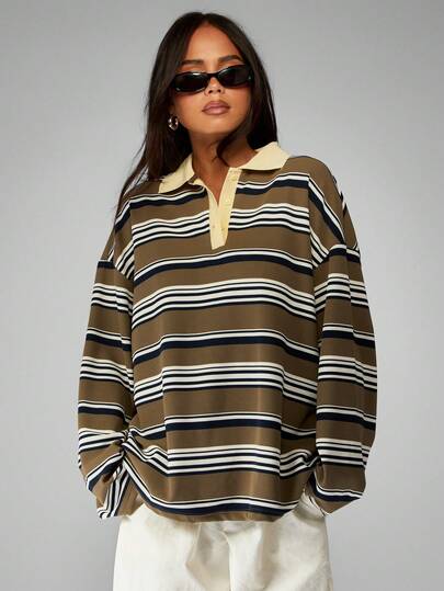MISSGUIDED Oversized Rugby Polo Top Retro Stripe Pattern Preppy Collar Long Sleeve Fall Winter Casual Classic Collegiate Drop Shoulder Unisex Look