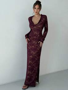 Aloruh Fioletowa, aksamitna sukienka z koronką, głębokim dekoltem w serek i długim rękawem, z wysokim rozcięciem, idealna na imprezę i randkę - Czerwony fiolet - Zobacz 6