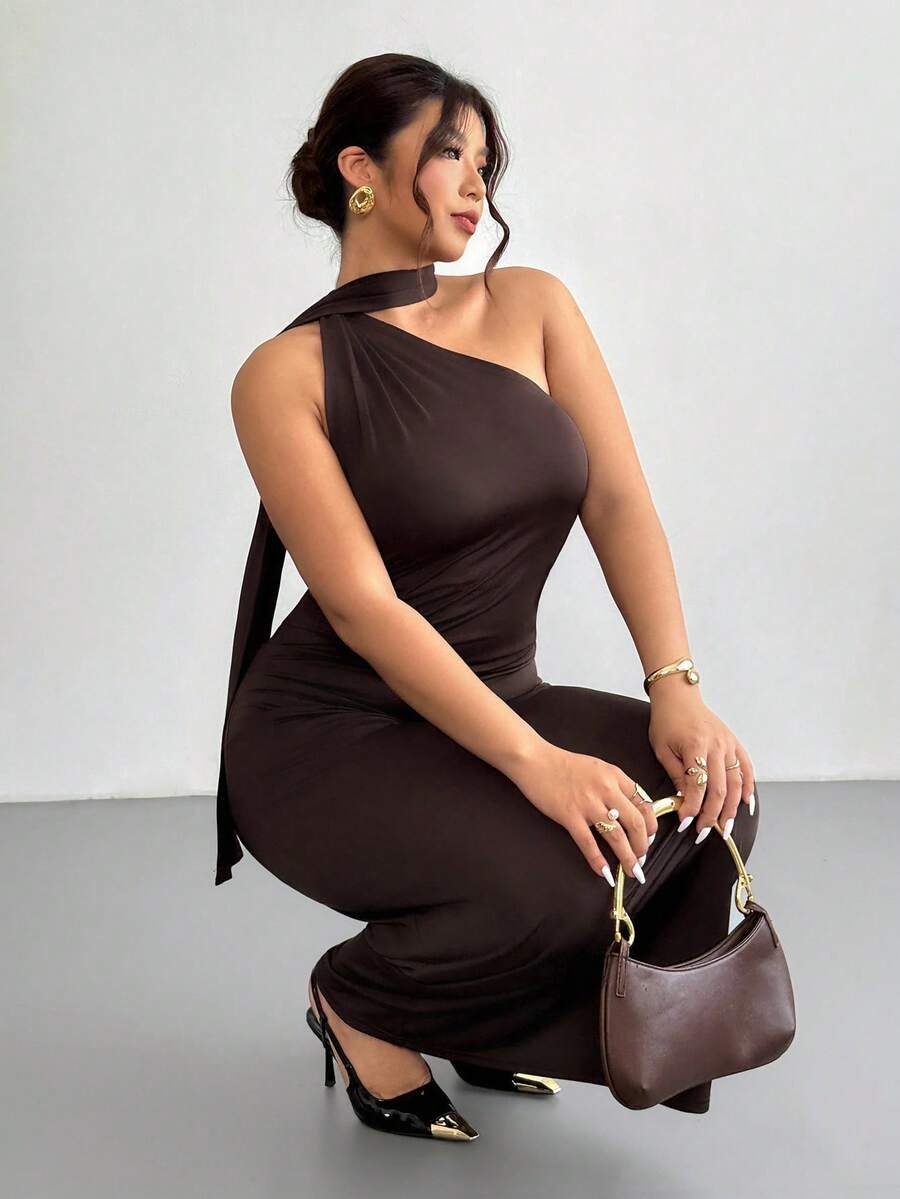 Firerie Váy dài tay sequin bất đối xứng cỡ lớn dành cho nữ, Váy dài thời trang, Trang phục xuân/hè, Thích hợp để đi làm, Thanh lịch, Gợi cảm, Kỳ nghỉ, Bãi biển, Bohemian, Hawaii, Lễ hội âm nhạc, Tiệc tùng, Công sở - Màu nâu Sô-cô-la - Xem 1