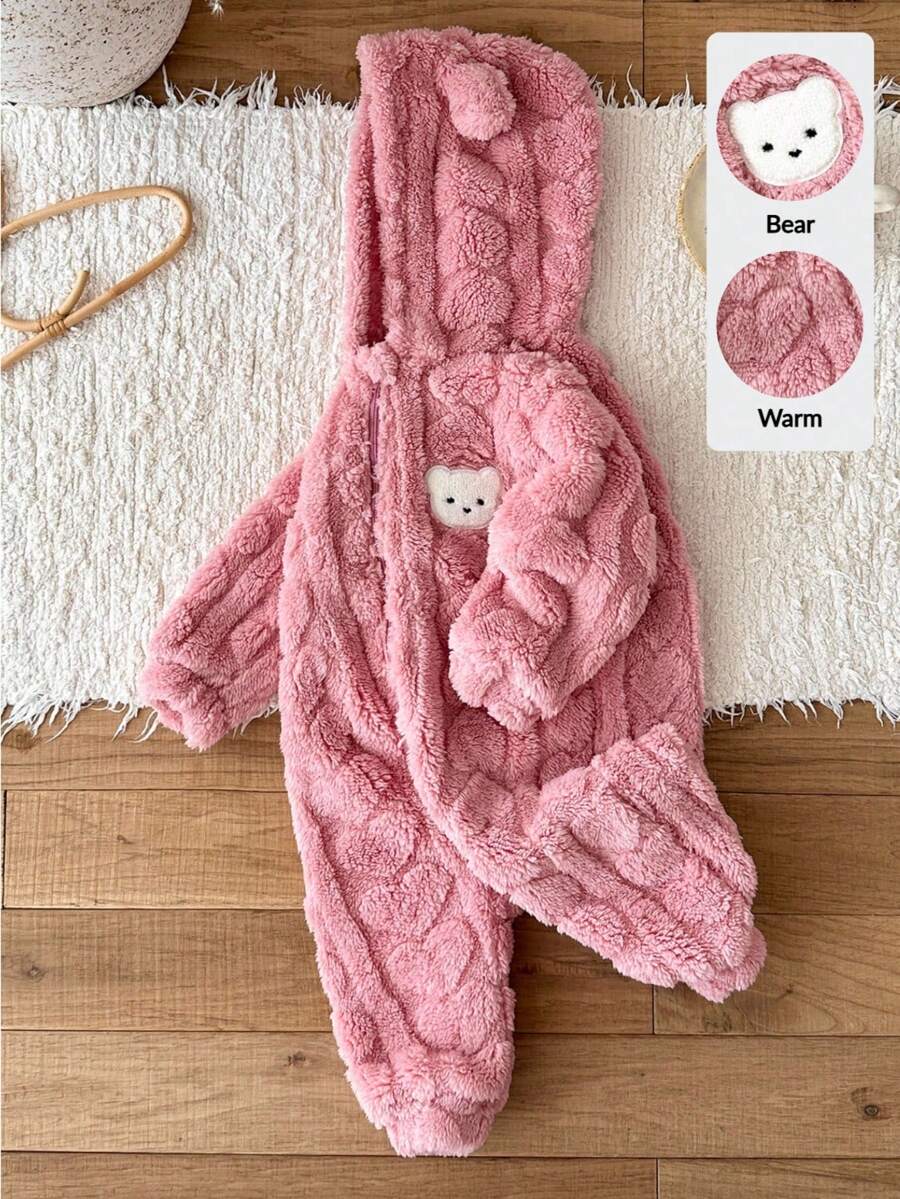 LMoss Kids LMoss 女婴粉色绒面连帽连体衣,婴儿冬季服装,女婴冬季服装,秋季服装,婴儿秋季服装,连体衣 - 粉色 - 查看 1