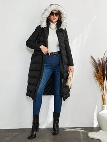 RueChic Fuzzy Trim Hooded Zipper Front Puffer Coat