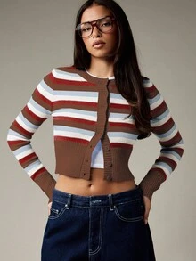 MISSGUIDED 潮流引领者纽扣前短款条纹开衫修身腰部针织毛衣秋冬 Y2K 时尚经典学院风针织衫 - 棕色 - 查看 4